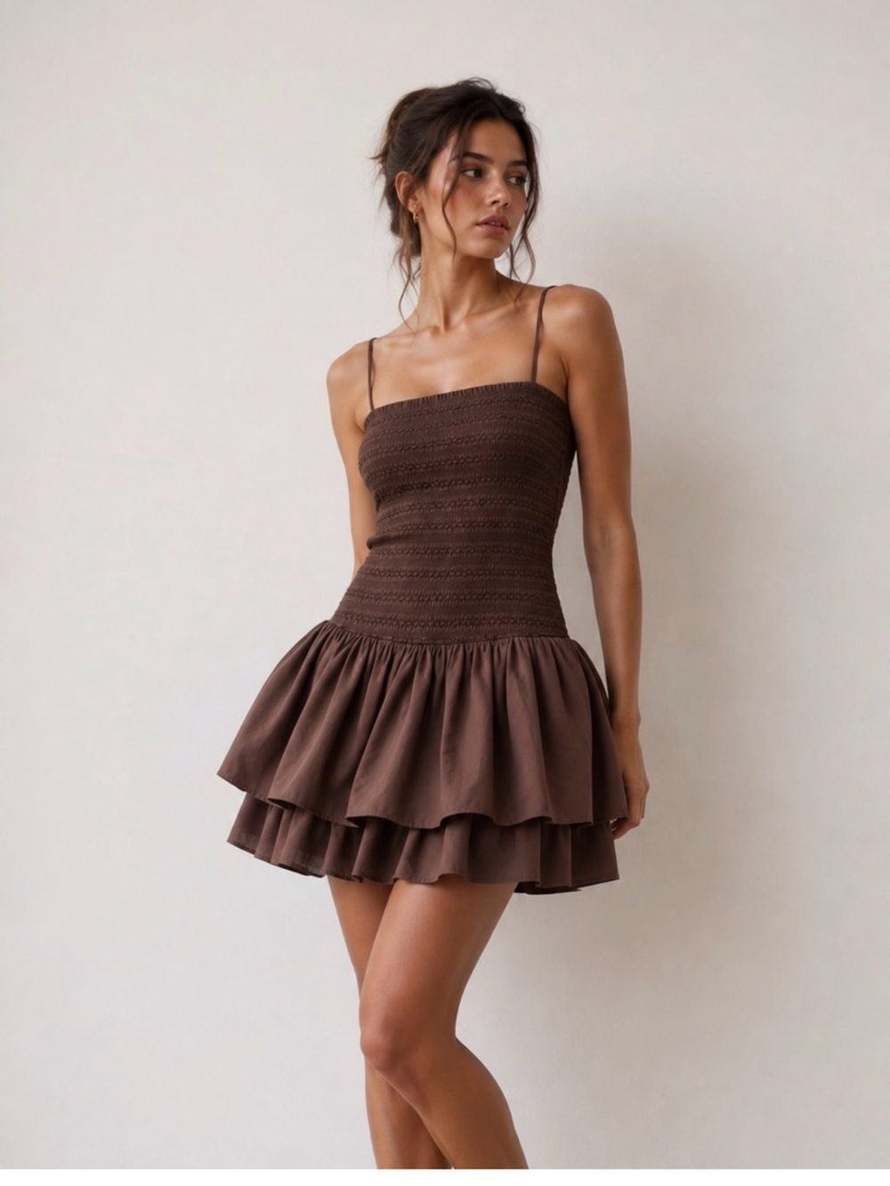 Dynamite Brown Smocked Tiered Mini Dress